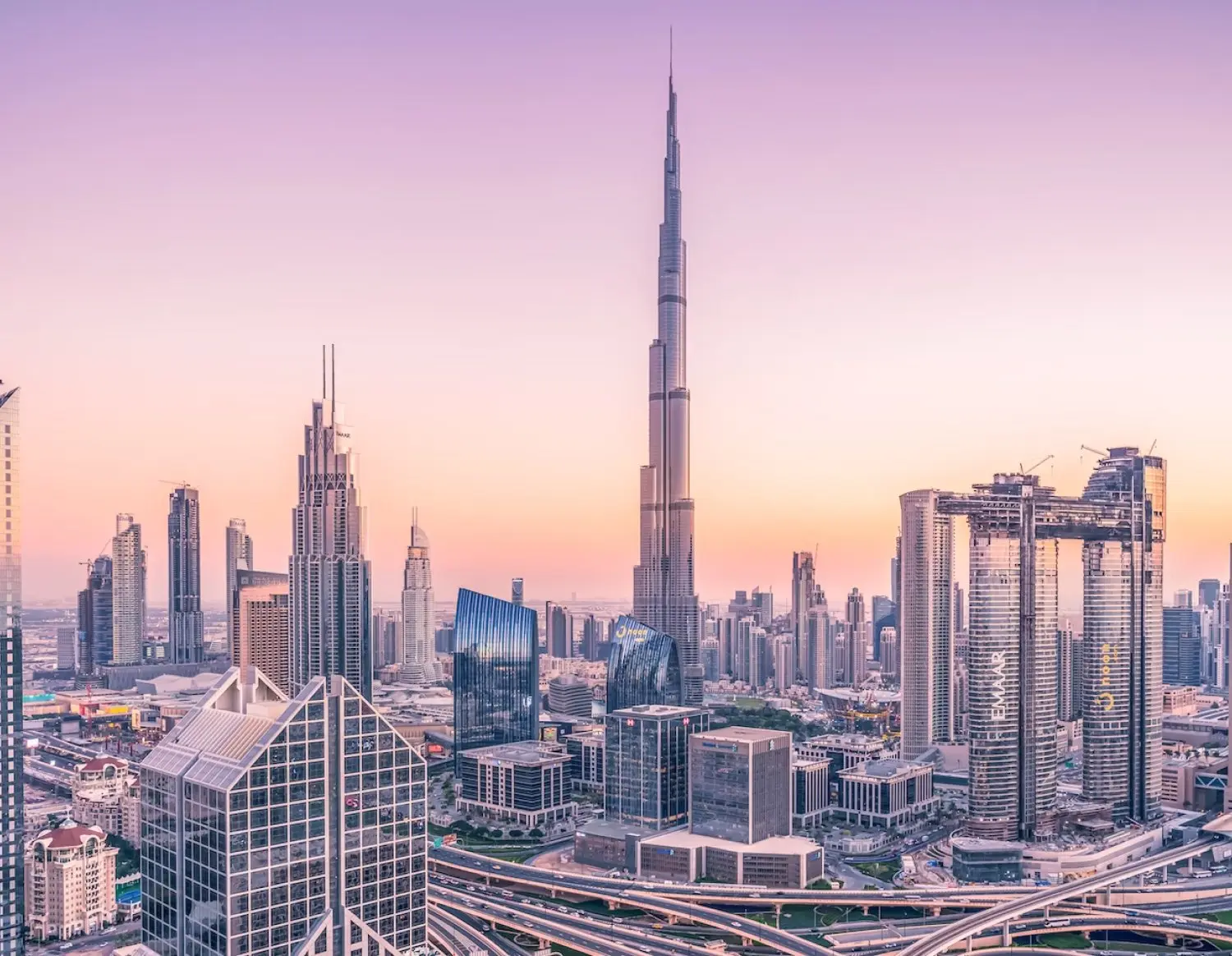 Dubai skyline with Burj Khalifa at sunset